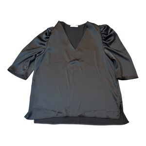Karlie‎ Black Satin Top Women's Large Blouse V Neck Ruched Sleeve Party